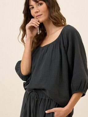 Pact Womens Organic Cotton Coastal Double Gauze Scoop Neck Top Blouse Small